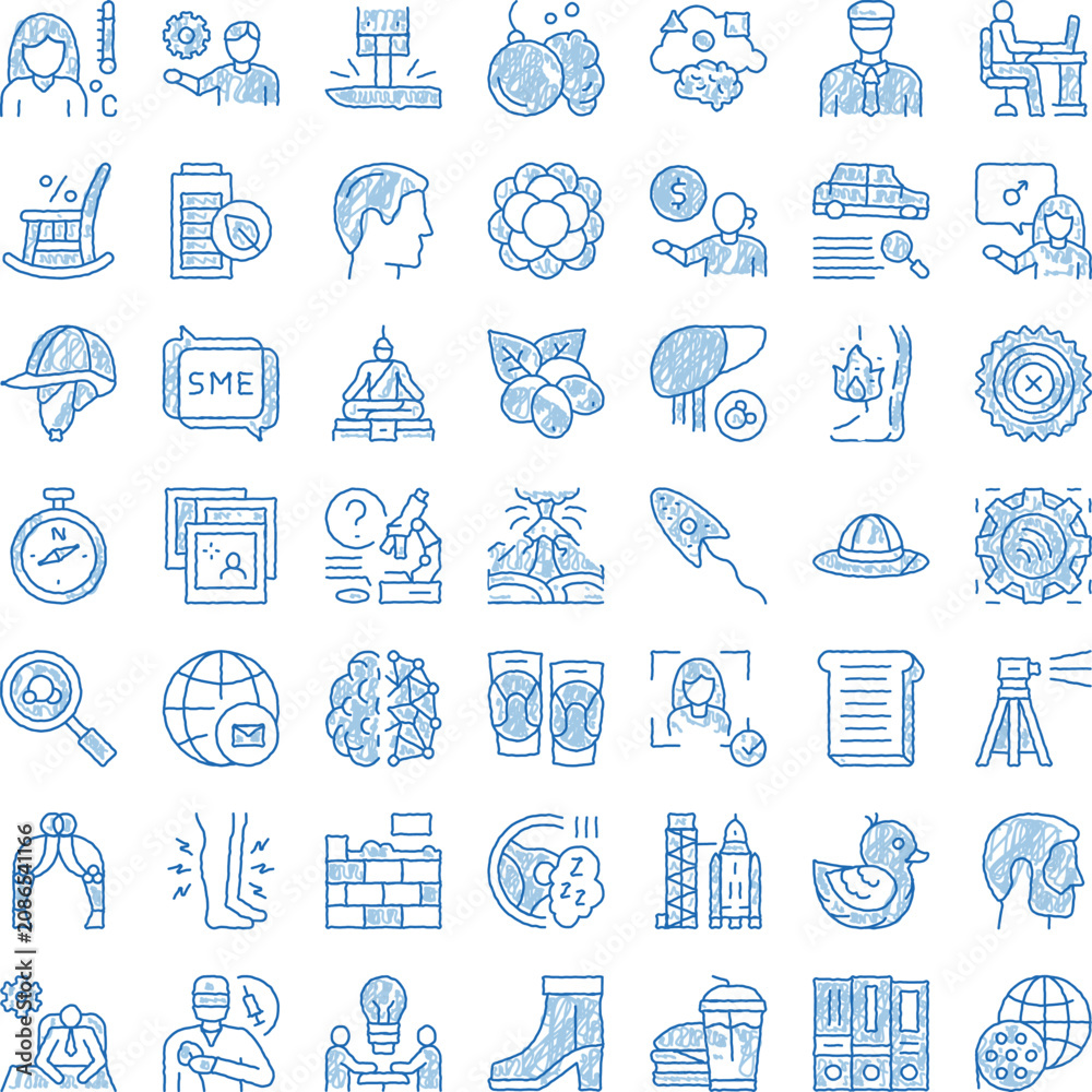 Naklejka premium Collection of numerous hand drawn blue doodle icons illustrating diverse concepts related to various fields including business, science, medical, and technology