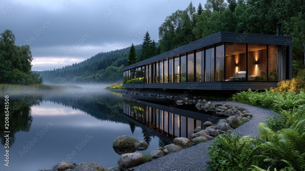Fototapeta premium Glass-walled sauna sits above a Nordic lake with mist rising, showcasing wooden design in early dawn light and premium architecture in wellness space