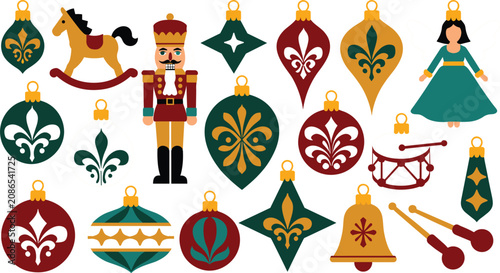 Foto Vintage Christmas tree ornaments and toys collection with nutcracker rocking hor