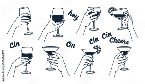 Bild auf Leinwand Hand drawn ink illustration set of hands holding various wine and cocktail glass