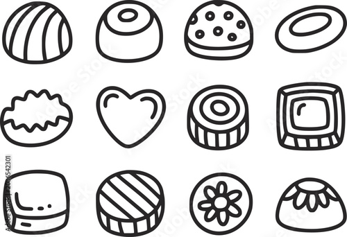 Bild auf Leinwand 食品プロジェクト用に白の背景に分離された様々な手描きのチョコレート菓子のコレクション