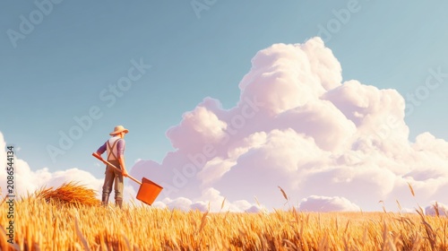 Animated farmer harvesting golden crops in a sunny field under large clouds