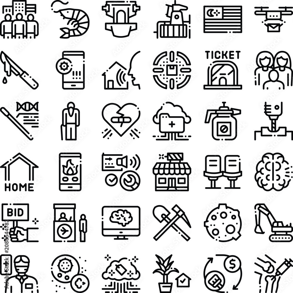 Fototapeta premium Collection of outline black line icons representing various concepts from business, technology, social issues, medicine, and daily life, ideal for modern digital design