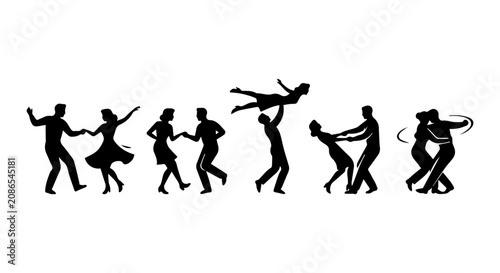 Photos Retro Swing Dance Silhouettes, Vintage Couple Dancing Vector Set, Energetic Jitt