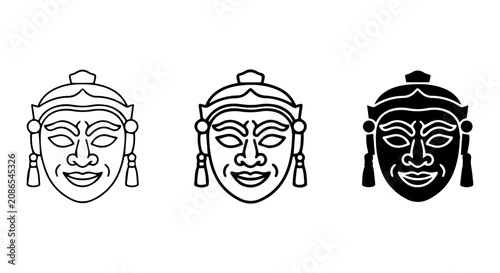 Billede på lærred Traditional Asian Mask Icons, Cultural Face Symbols, Ethnic Head Illustrations,