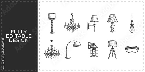 Fotografía Luxury interior lighting and lamps hand drawn icons set featuring chandeliers wa