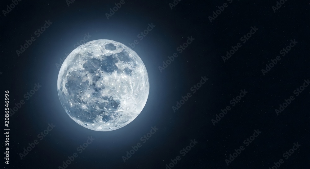 Fototapeta premium Bright Full Moon Close Up with Detailed Craters in Deep Blue Night Sky