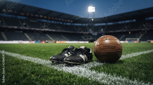 Professional soccer shoes and a ball on the sideline at night.