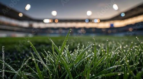 Detail of a soccer field's grass with morning dew drops.