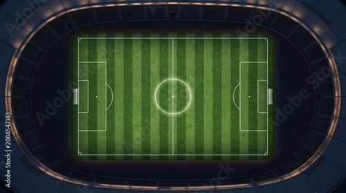 Top-down view of a soccer field with a grass pattern.

