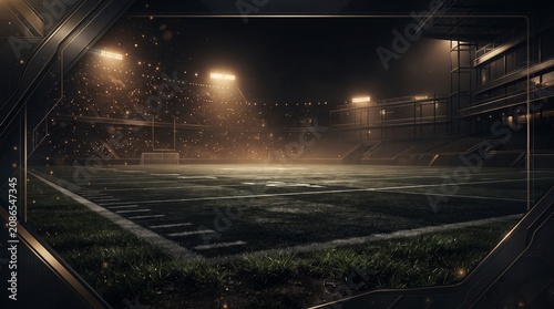 Football stadium with floodlights in the fog.