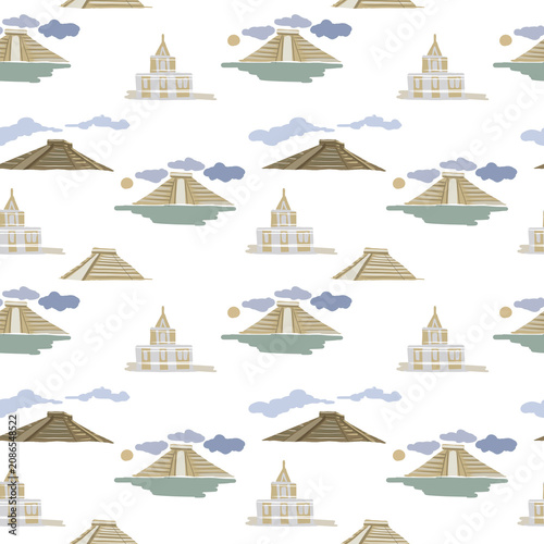 Photography South America travel  illustration with landmarks, tropical animals, palm trees, exotic flowers and ocean background