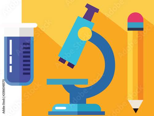 Science Laboratory Education Icons  Microscope Test Tube Pencil STEM Learning Vector Illustration Blue Yellow Academic Research Design