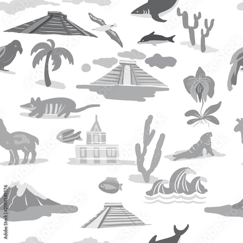 Photography South America travel  illustration with landmarks, tropical animals, palm trees, exotic flowers and ocean background
