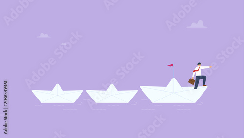 Foto Businessman sailing lead ship to follow the same path