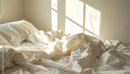 Rumpled White Bedding Illuminated by Morning Sunlight in Minimal Bedroom