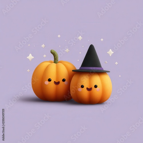 Two smiling pumpkins, one wearing a witch hat, stand side by side against a light purple background.