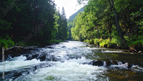Rushing Mountain River Flowing Through Sunlit Green Forest Valley