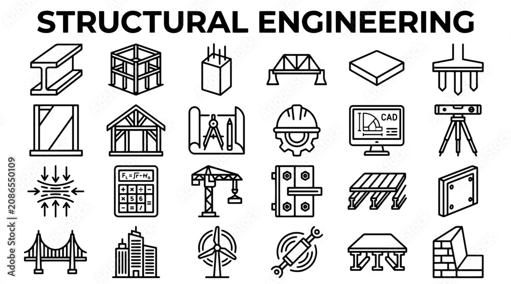 Fototapeta premium Structural Engineering Icons: Building, Construction, Architecture, and Infrastructure Elements