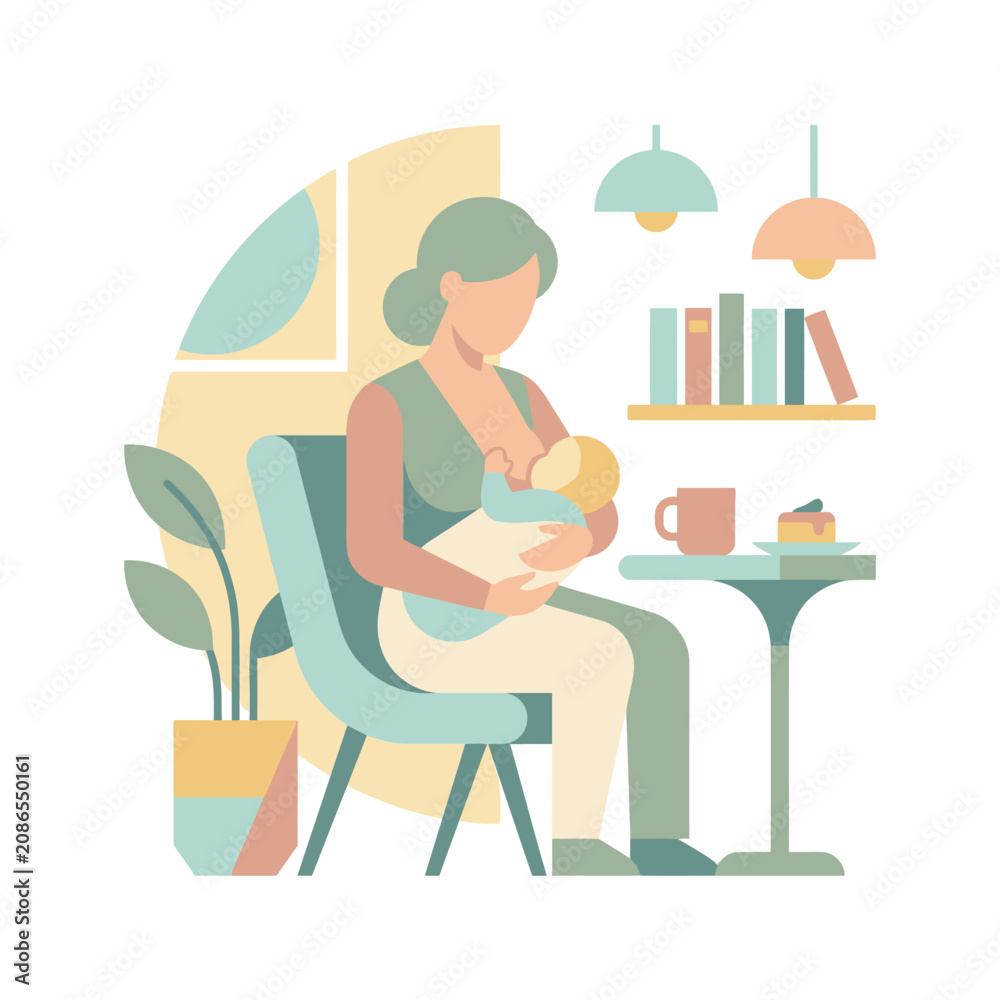 Fototapeta premium Flat vector illustration of a faceless mother breastfeeding her infant baby while sitting in a modern chair at a table with coffee and cake in a minimalist room interior.