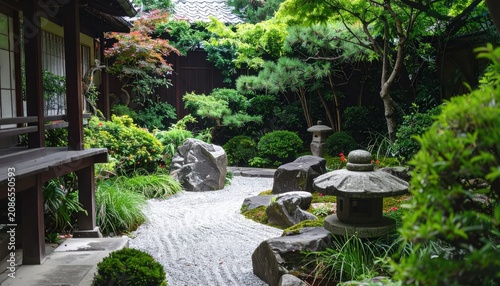 Serene Japanese Rock Garden with Raked Gravel and Lush Greenery in Traditional Courtyard