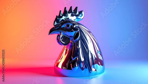 Shiny Chrome Rooster Figurine Standing on Colorful Gradient Studio Background