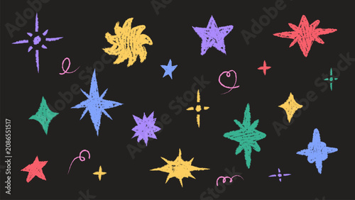 Vector set of multicolored hand drawn chalk sparkles and stars on dark background. Colorful texture doodle elements including shine blink glow bursts hearts and swirls isolated for magic night sky par
