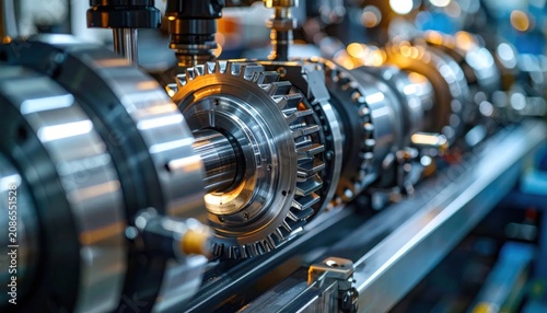 Shiny Metal Gear Assembly Mounted on Industrial Machine in Factory Workshop