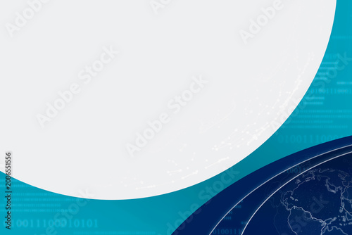 A digital interface with a blue background and white circular design elements. There is a world map and data lines visible, indicating the theme of technology.