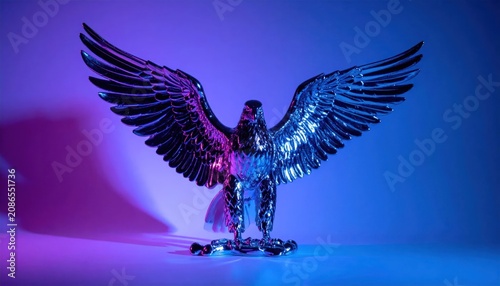 Shiny Metallic Eagle Figurine Standing with Spread Wings in Colorful Studio Lighting