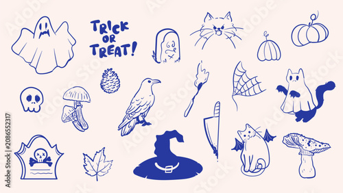 Vector set of hand drawn blue pen Halloween doodles and stickers. Monochrome line art collection including ghost pumpkin witch hat skull raven tombstone and spooky cats isolated on background for holi