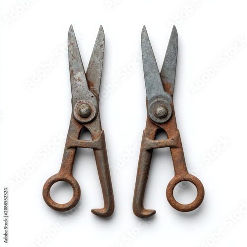 Two vintage metal snips are displayed against a white background