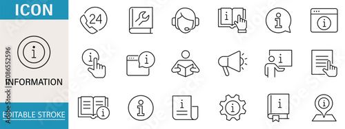 Information set of web icons in line style. editable stroke. Info and Help Desk icons for web and mobile app. Containing user manual, instruction, guidebook, vector illustration 