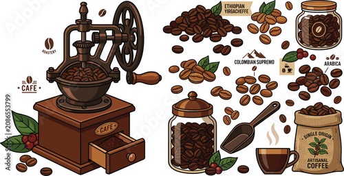 Foto Vintage Coffee Grinder and Bean Variety Icon Set with Glass Jars Scoop Burlap Sa