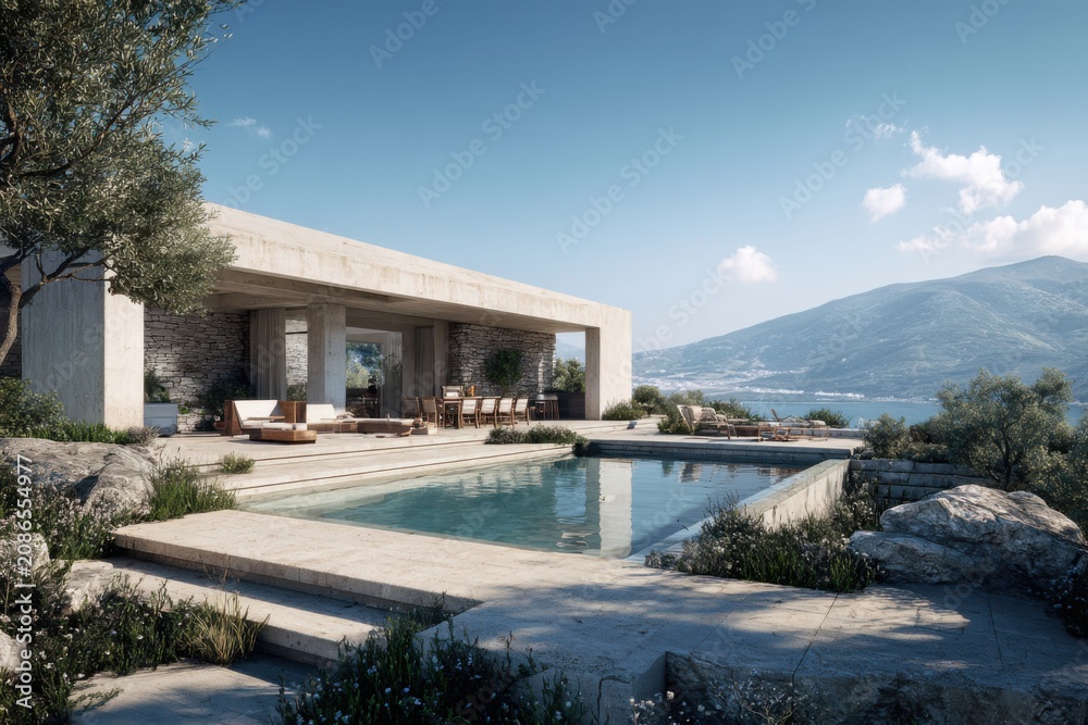 Fototapeta premium A contemporary house is elegantly situated beside a sparkling clear pool, which is framed by natural rocks and vibrant plants, all set against the backdrop of rolling hills under a bright, sunny sky