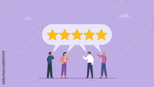 Various customer people giving 5 stars review for quality service. Customer loyalty, consumer satisfaction giving 5 stars rating feedback, best user experience or trust to use service again concept.