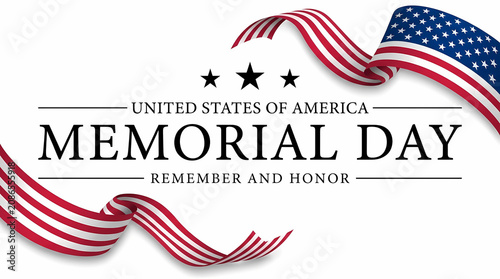 United States Memorial Day Background With Wavy American Flag Ribbons And Patriotic Remember And Honor Typography