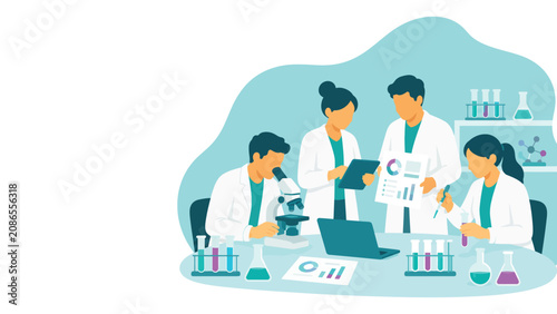 Foto Team of scientists conducting collaborative laboratory research and experiments