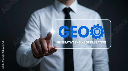Businessman pointing at GEO Generative Engine Optimization text on virtual screen