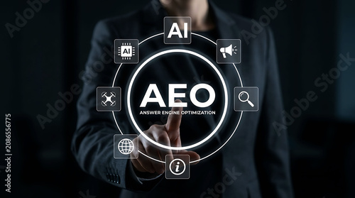 Businessman pointing at AEO Answer Engine Optimization artificial intelligence concept