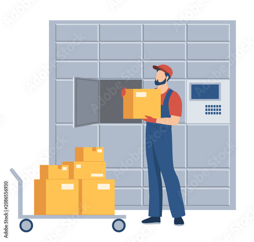 Tableau sur toile Courier loading parcels into free round-the-clock self-service electronic parcel lockers for delivering parcels to the addressee
