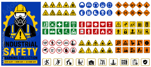 Foto Industrial safety warning collection, occupational health and hazard sign set, c
