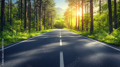 Sunlight shines through tall pine trees along empty asphalt road surrounded by lush green forest and distant mountains in background