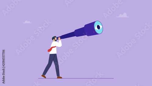 Businessman look through telescope or binoculars with big eye. Search for opportunity, business vision, success direction or finding new employee, career future, secret discovery or research concept.