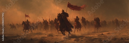 Powerful ancient Persian commander on a horse holding a flag and leading troops. Artistic historical scene with glowing sunset and cinematic atmosphere of a grand battle.
