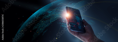 Man using mobile smart phone with global network connection of  Ai technology, Algorithm, Data science, digital marketing, IoT. Digital networking, Innovative and communication concept.