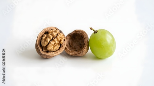Open walnut shell with kernel and a single green grape isolated on white background