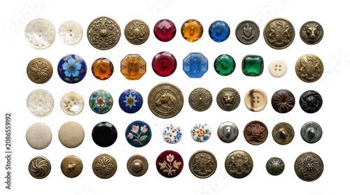 Collection of various vintage clothing buttons isolated on transparent background