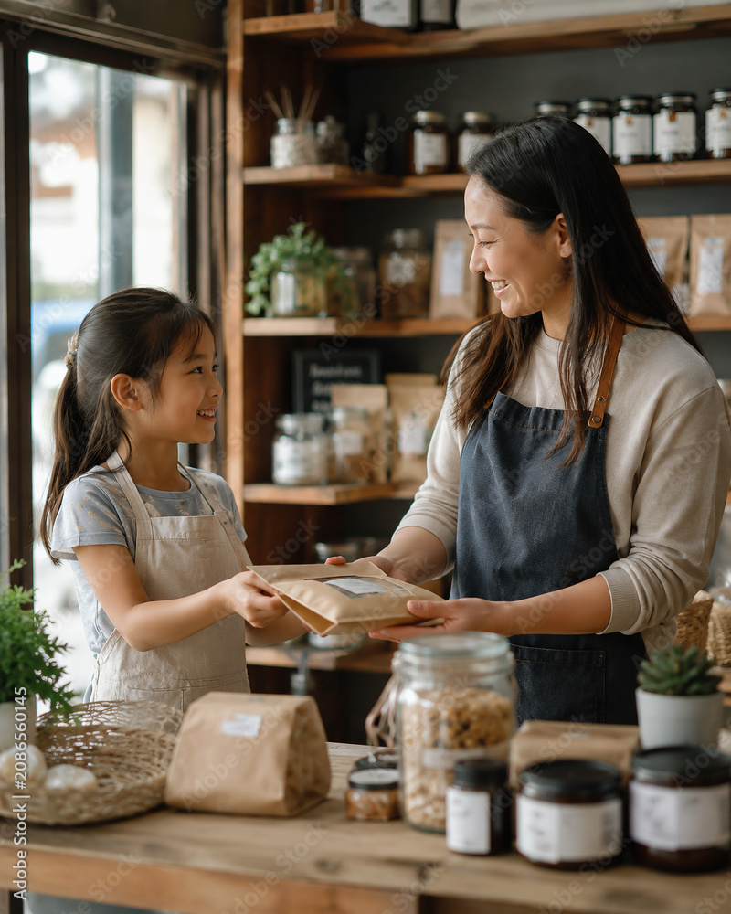 Asian mother and daughter working together in a small zero waste shop