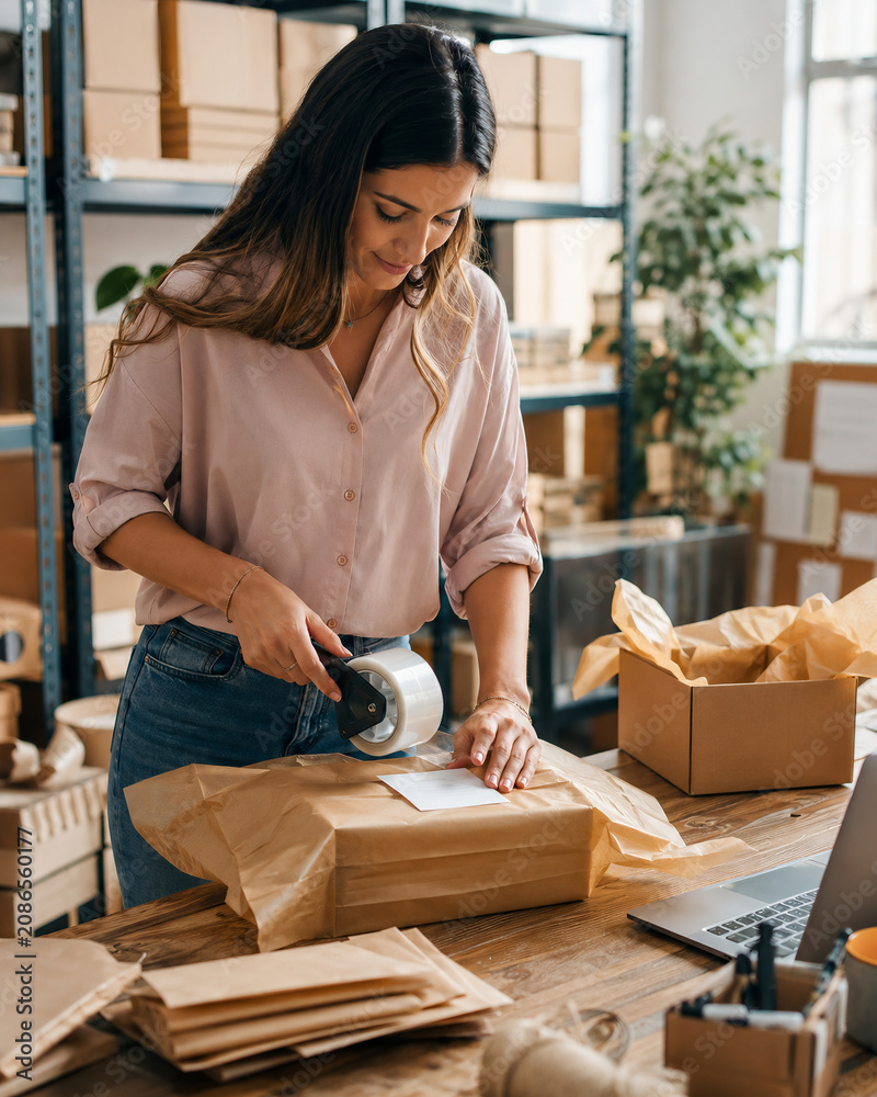 Young entrepreneur packing order in warehouse